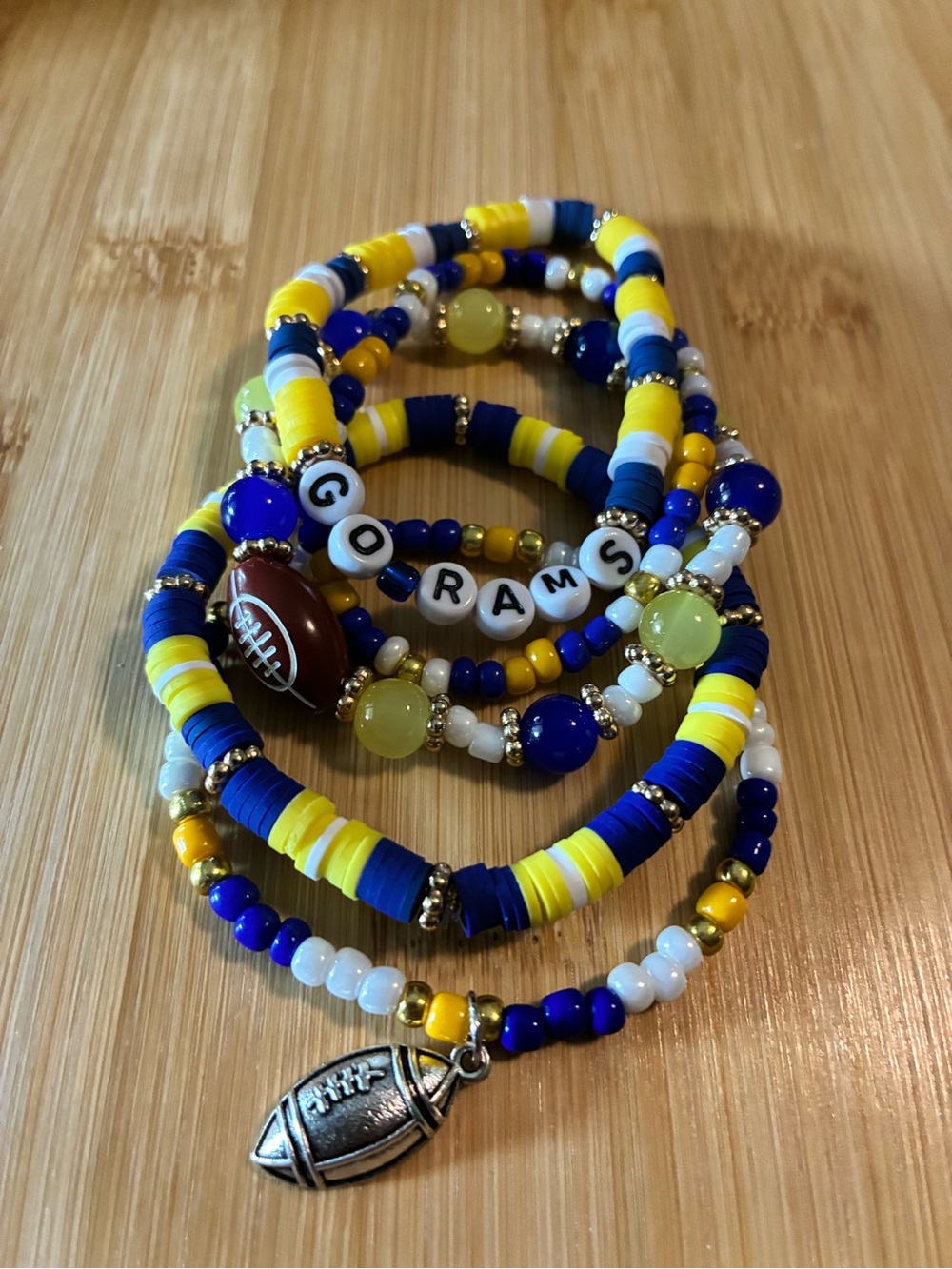 Blue & Yellow Beaded 'GO RAMS' Football Charm Bracelet Set